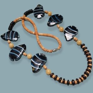 Vintage 1960s Painted Wood Bead Tropical Fish Necklace